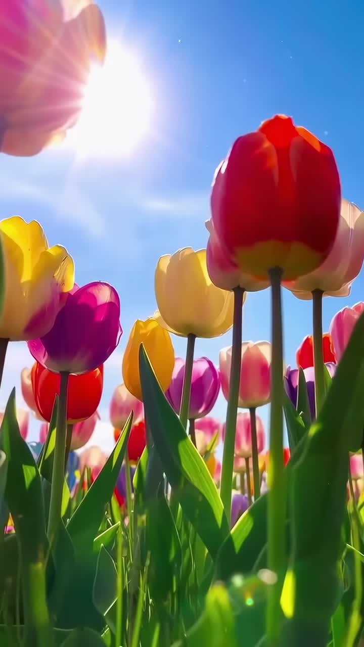 Low-angle video shot of vibrant tulips against a sunny blue sky, capturing spring's essence