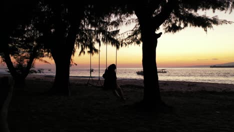 Silueta-De-Una-Niña-Columpiándose-En-El-Columpio-Entre-árboles-En-La-Playa-De-Arena-Tropical-Y-Disfrutando-De-Una-Tranquila-Puesta-De-Sol-Púrpura