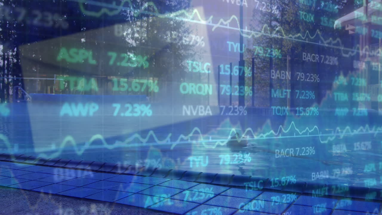 Animation of envelope, financial data and graphs over cityscape