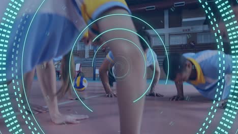 Animation-of-scope-scanning-over-diverse-male-volleyball-players-doing-push-ups