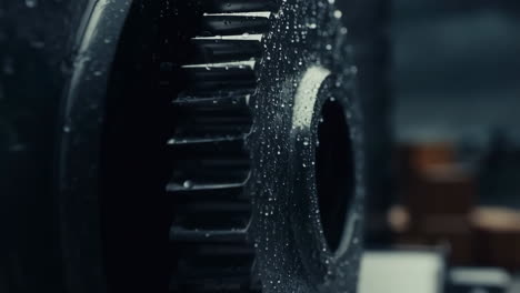 close-up of a wet metallic gear with water droplets
