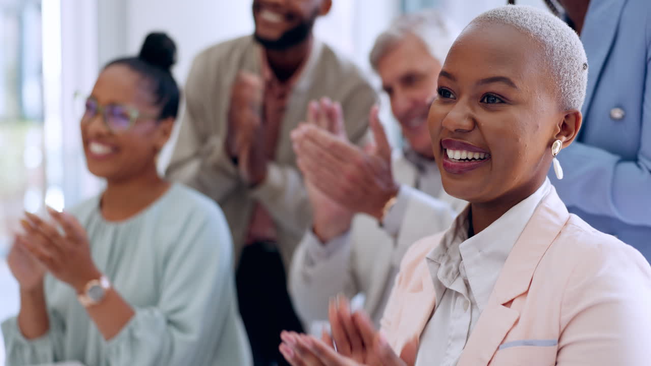 Business people, success or applause in office