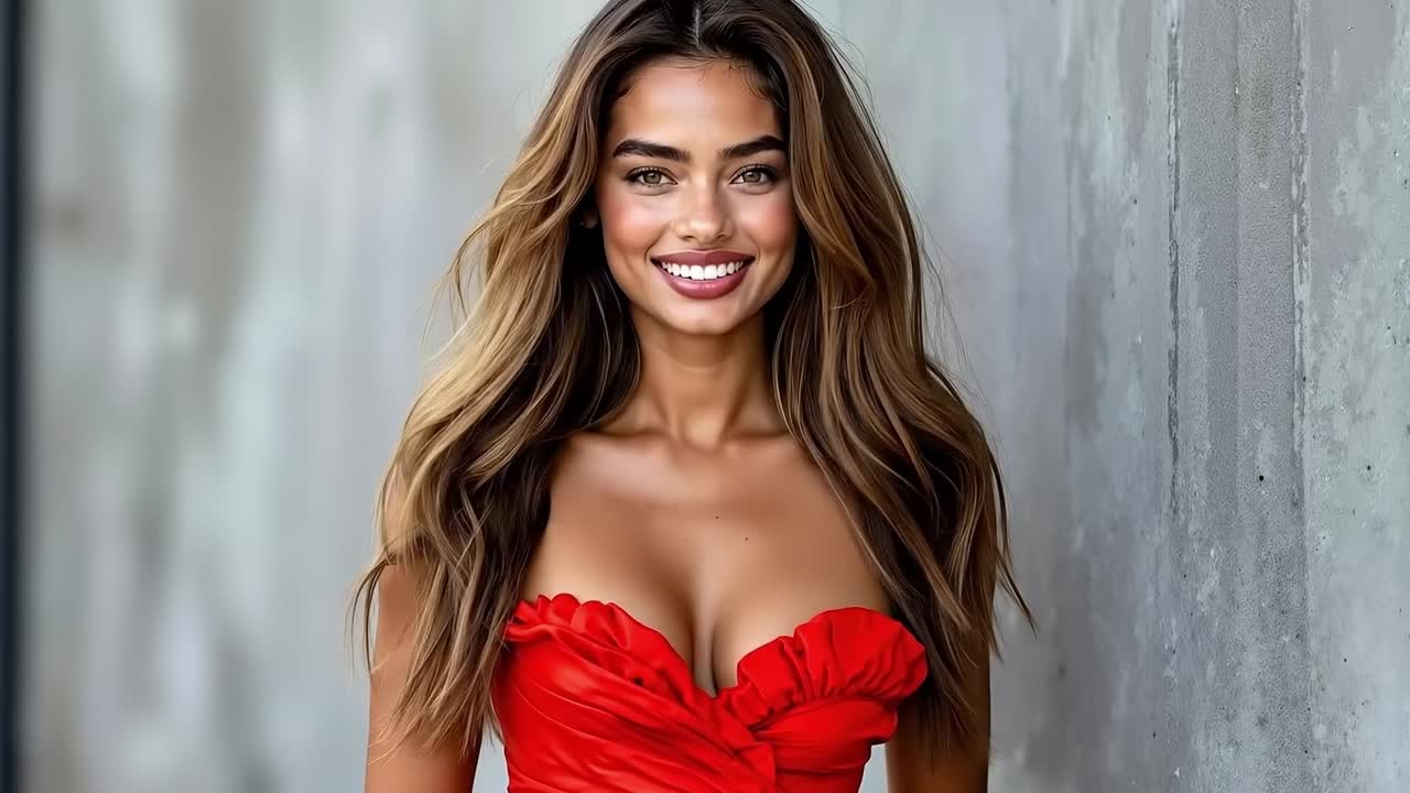 Uma mulher de vestido vermelho posando para uma foto