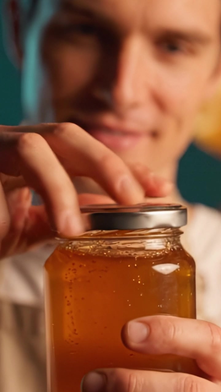 Una persona che apre con gioia un barattolo per rivelare delizioso miele, mentre indossa un grembiule e sorride, catturando un momento di delizia culinaria e anticipazione.