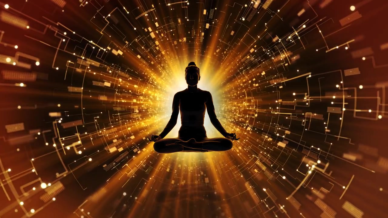 Donna che medita, energia digitale, tecnologia, app di mindfulness, AI, benessere, meditazione, salute mentale, immagini