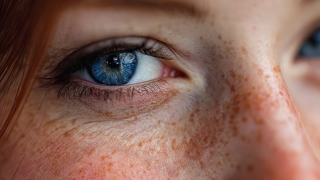 A Close-Up Perspective on Unique Facial Features Highlighting Expressive Eyes and Freckles in a Captivating Portrait