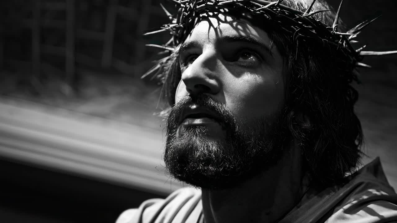 Zwart-wit portret van Jezus Christus met doornenkroon