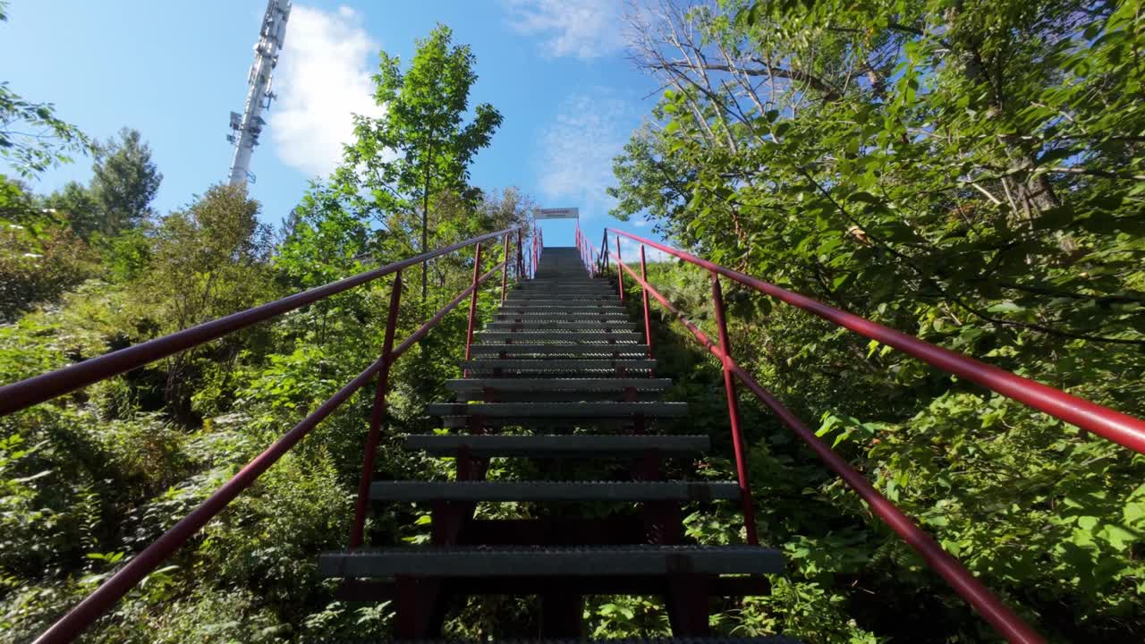 Steep Stairs In The Forest In Mount Sutton, Quebec, Canada. - POV shot
