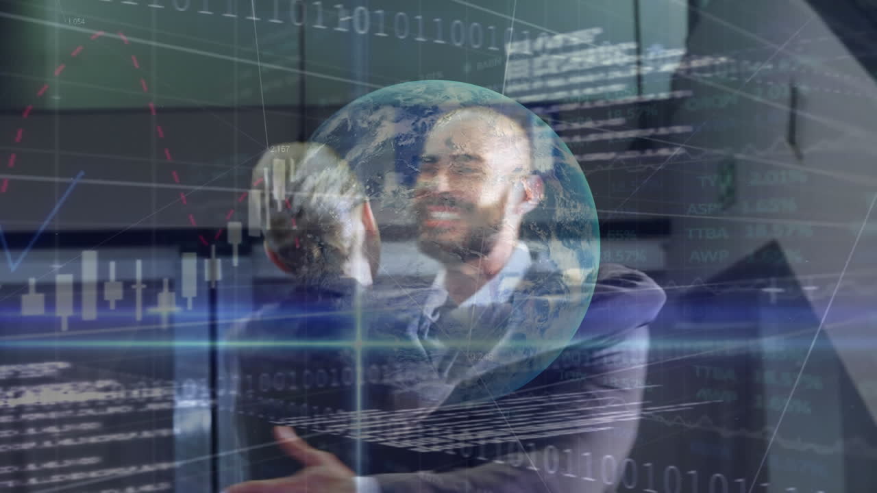 animación del procesamiento de datos y el mundo sobre diversas personas de negocios en el aeropuerto