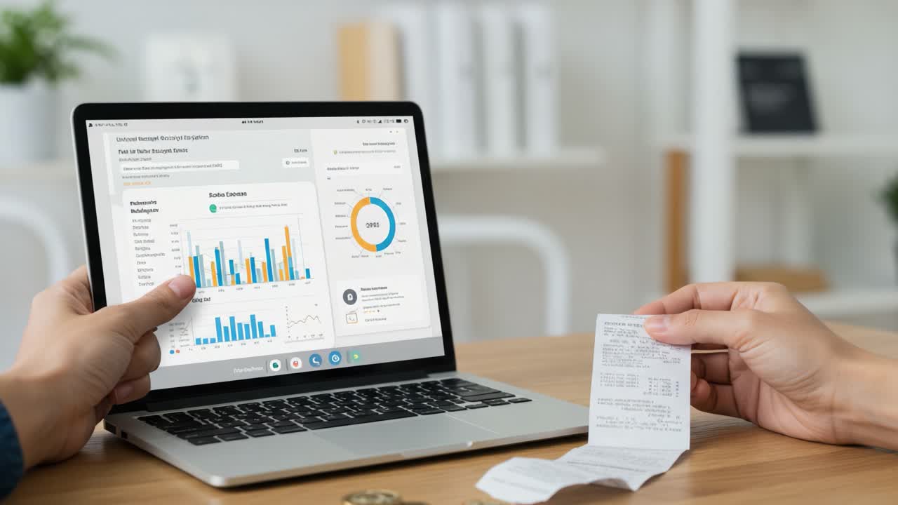 Analyzing Financial Data on a Laptop While Reviewing Expense Receipts: A Seamless Integration of Digital Technology and Personal Finance Management
