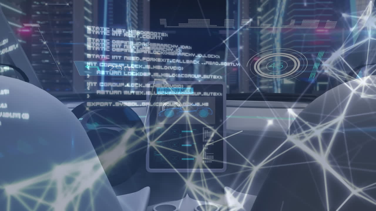 디지털 태블릿으로 자동차 대시보드에서 연결 네트워크와 데이터 처리의 애니메이션