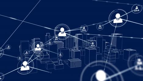 animation of network of connections with people icons over 3d architectural city model