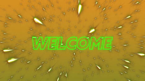 Animation-Eines-Neongrünen-Willkommenstextbanners-Und-Weißer-Flecken,-Die-Vor-Gelbem-Hintergrund-Fliegen