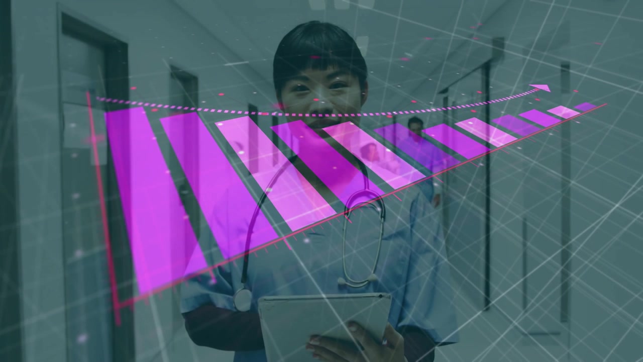 세로 영상: 태블릿에서 알림을 확인하고 병원에서 기록을 확인하는 간호사, 마젠타 AR 효과, 청진기.