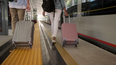 couple walking with luggage at train station