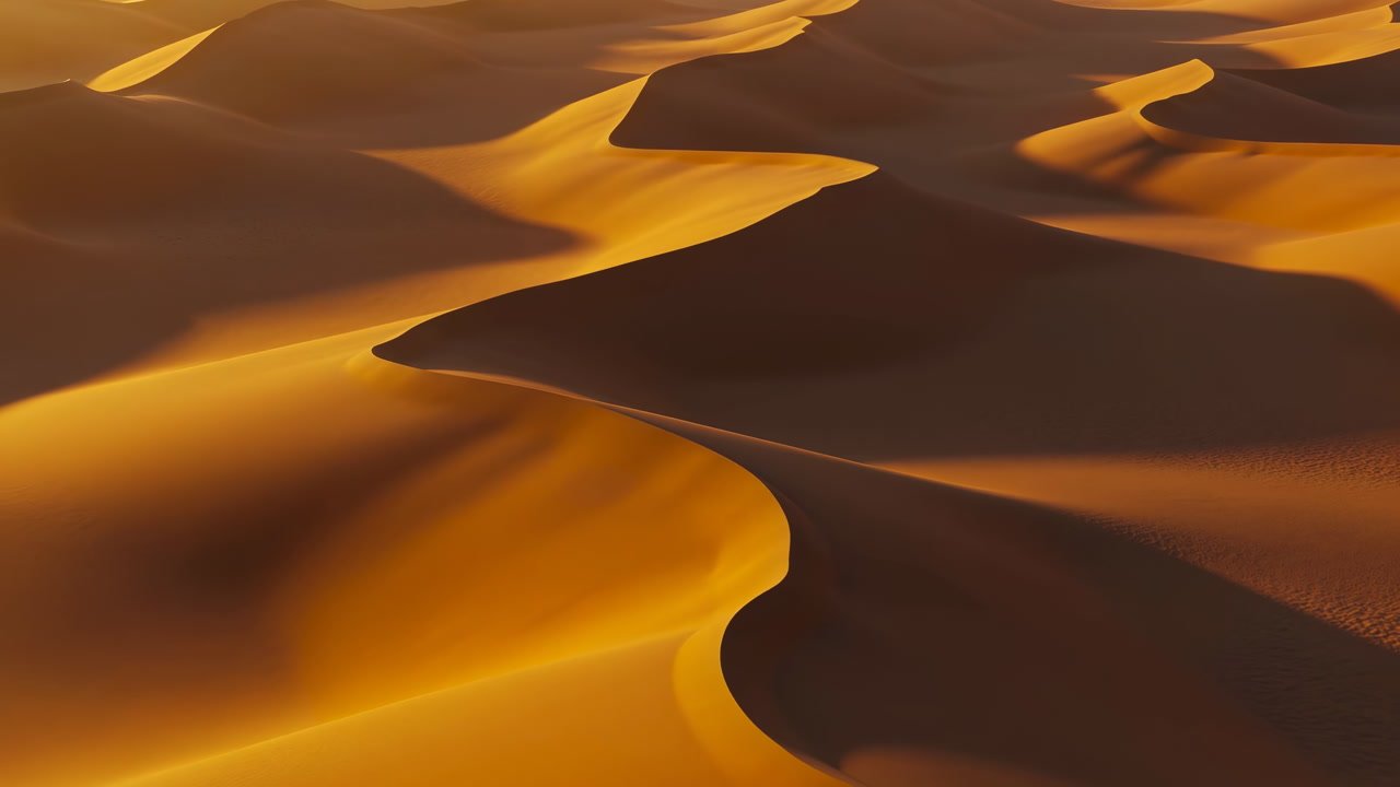 Golden Sand Dunes At Sunrise Aerial Panorama Showing Rippled Ridges And Long Shadows Warm Light Caressing