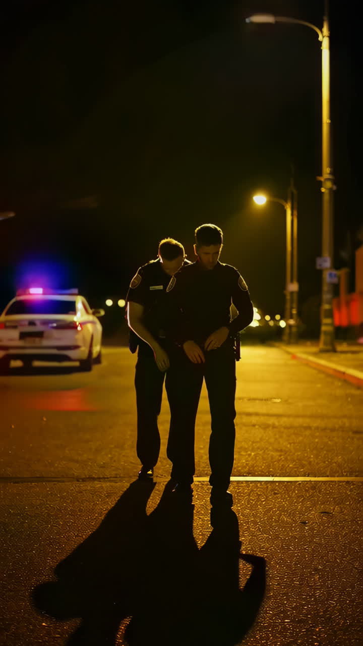 Police Officers Assisting Someone on the Street at Night