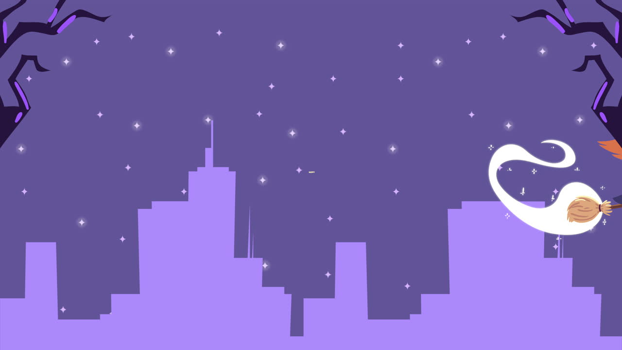 feliz animación de halloween con la bruja volando