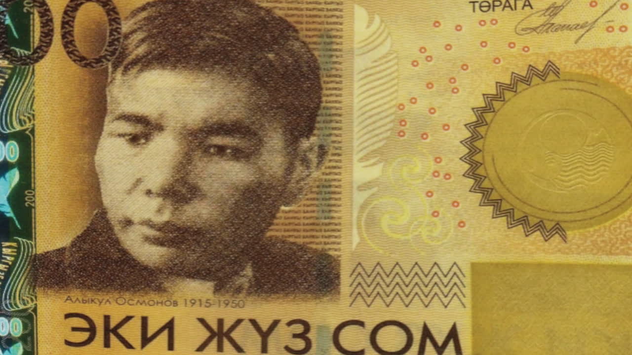 Kyrgyzstani 200 Som Banknote with Portrait and Green Screen Background