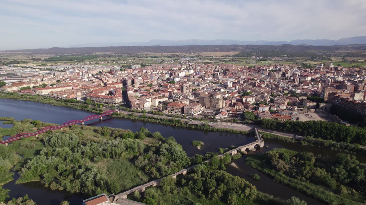 Talavera de la Reina's cityscape, riverside view, Spain - aerial