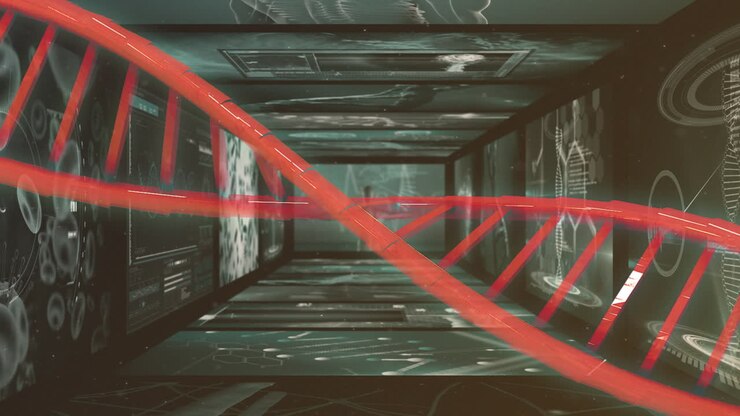 Animazione di filamento di DNA rosso su dati scientifici e immagini olografiche in un laboratorio futuristico