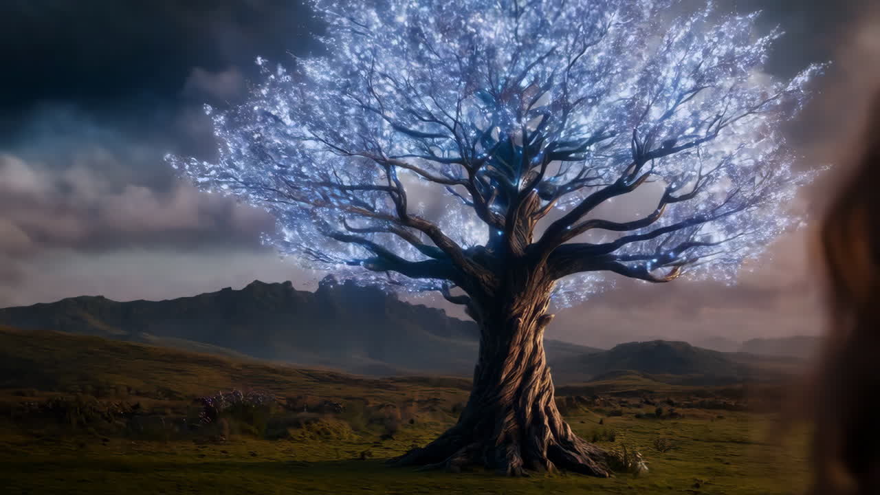 A Person Gazing at an Ethereal, Glowing Tree in a Fantasy Landscape