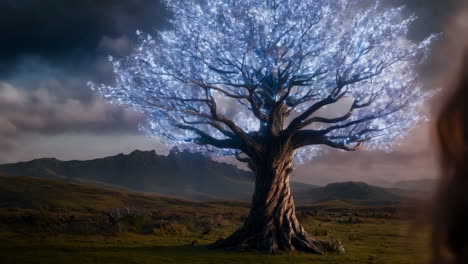 a person gazing at an ethereal, glowing tree in a fantasy landscape