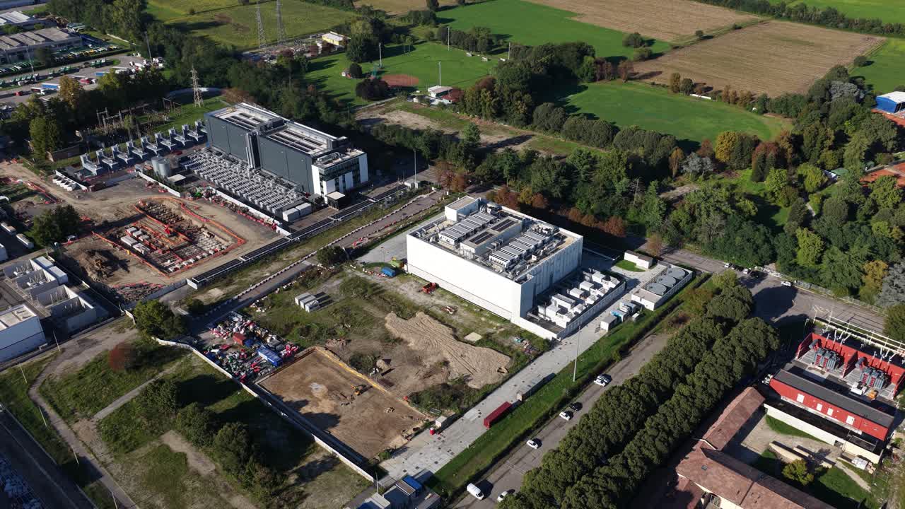 Construction of new datacentre, computing center in the area of Milan, Italy. Aerial view