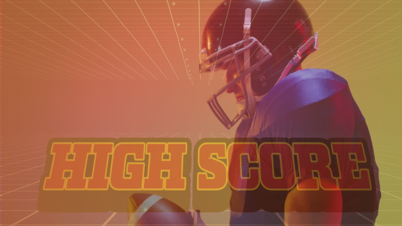 아메리칸 볼 선수와 네온 선 위에 높은 점수 텍스트의 애니메이션