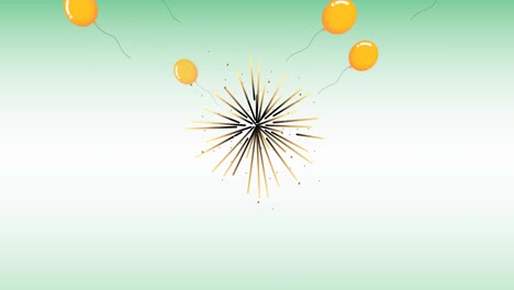 animation of fireworks and yellow balloons flying on green background