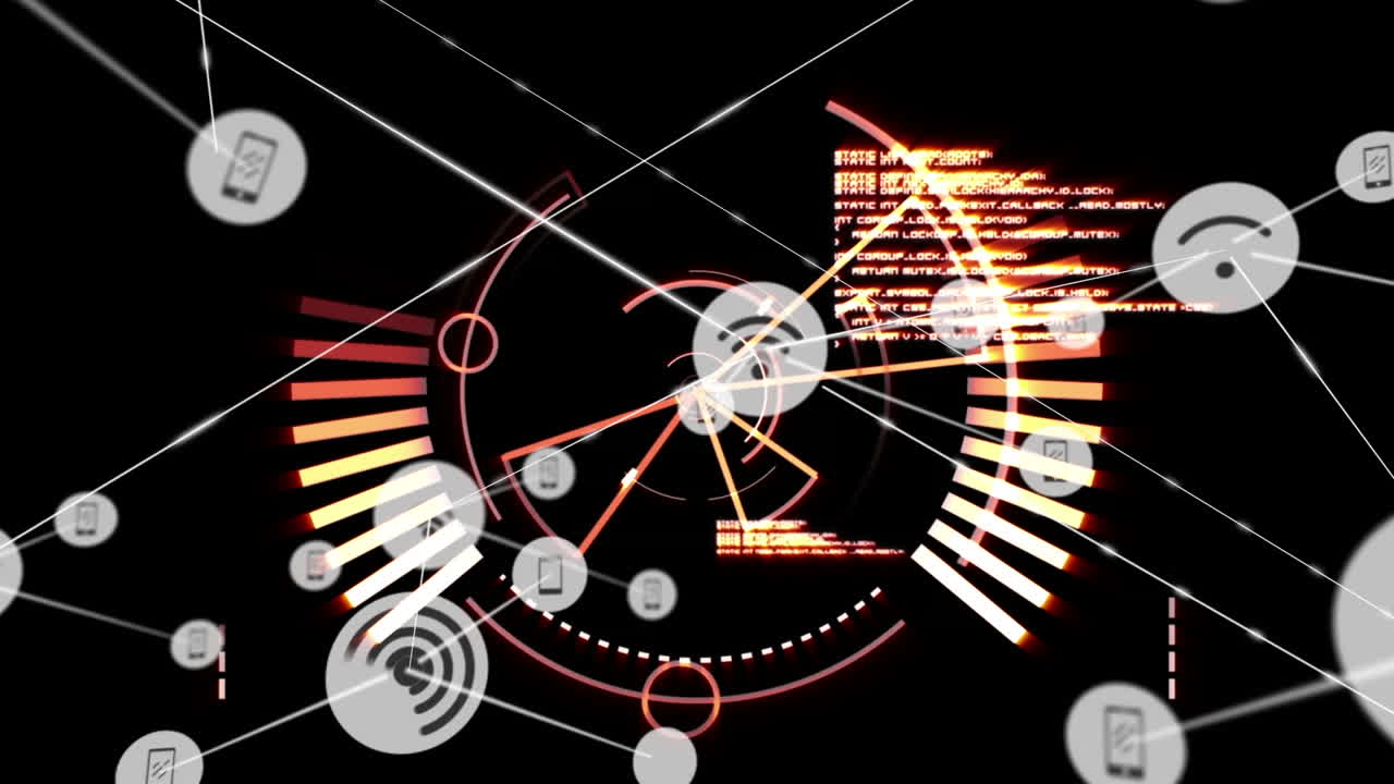 검은 바탕에서 범위 스캐닝과 데이터 처리에 대한 연결 네트워크의 애니메이션
