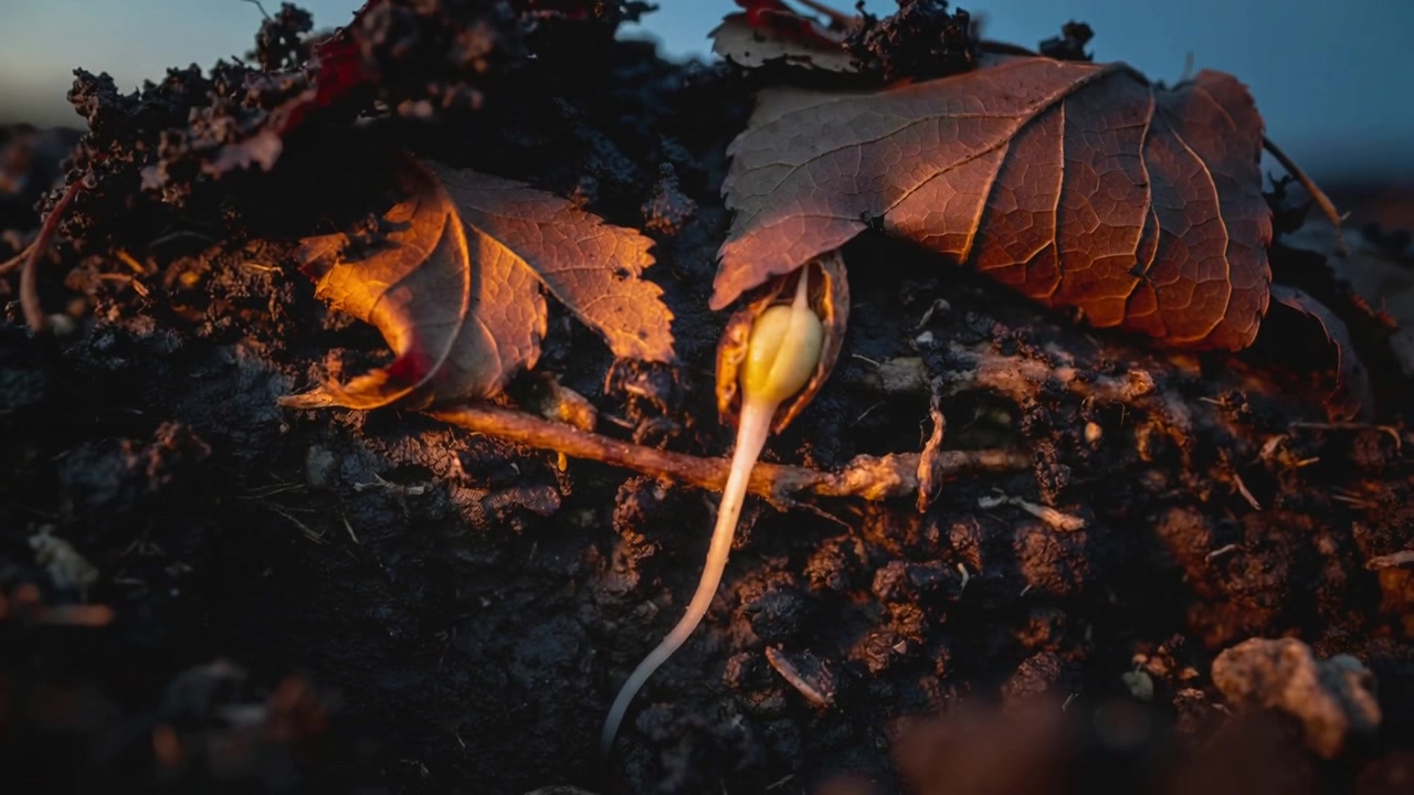 Il tegumento del seme che si spacca, facendo sì che la piantina spinga una radice pallida sul suolo della foresta sotto una foglia arricciata in cerca d'acqua