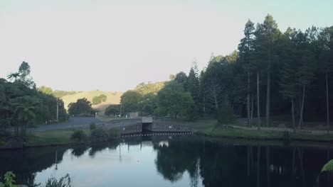 scenic lake view with bridge and lush greenery