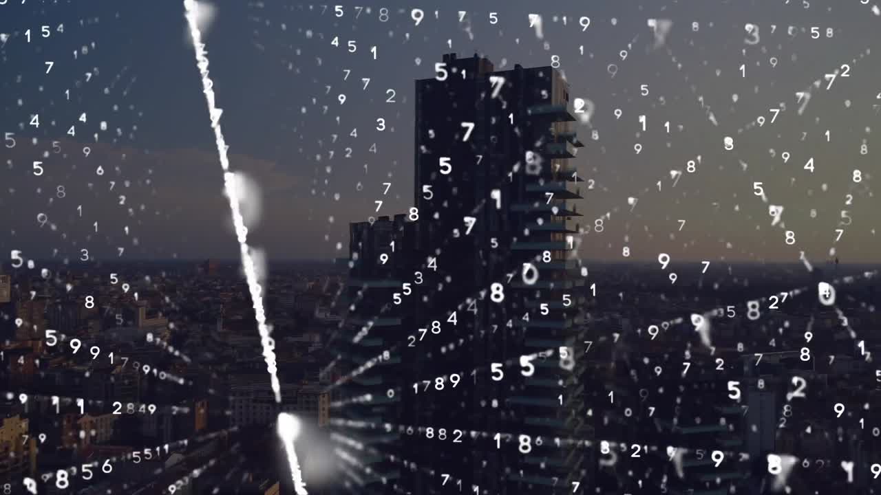 Animazione di codice binario su paesaggio urbano