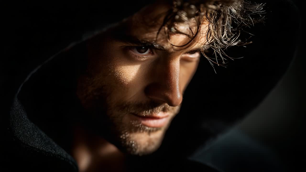 A Reflective Moment: Capturing Emotion and Intensity in a Close-Up Portrait of a Male Subject with a Hood, Emphasizing the Play of Light and Shadow on His Facial Features and Expression