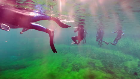 silhouette of divers exploring natural limestone sinkhole pond during beautiful weather in australia.