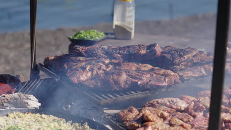 still camera clip portraying argentine asado type barbecue stake on fire, with ashes and smoke on the air and river in background.