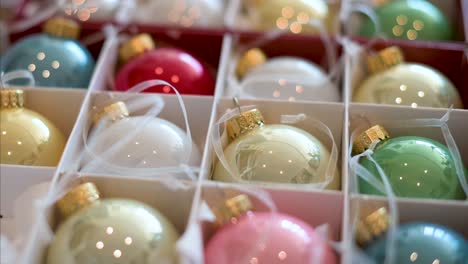 zoomed-in view of bright, shiny christmas decorations organized in a box