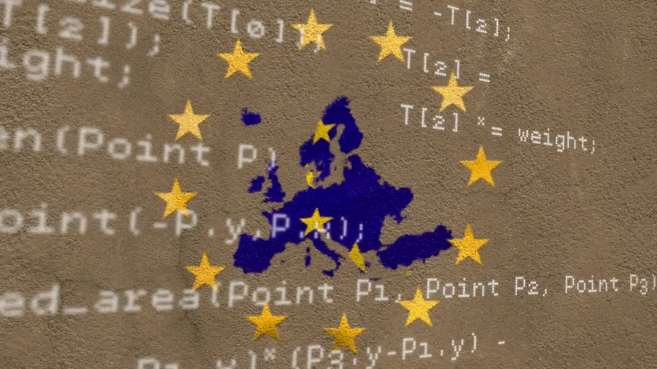 Stelle gialle che ruotano su elaborazione dati su mappa dell'UE.