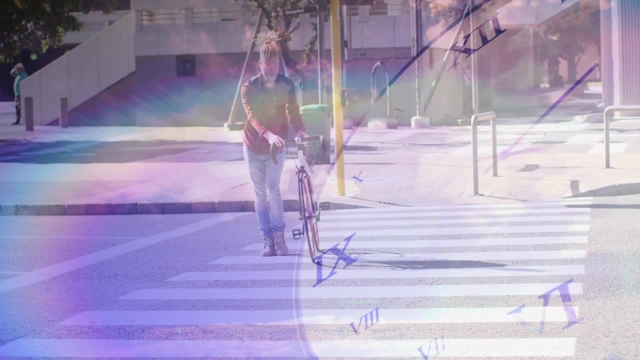 Man starting far side pushing bike crossing zebra crosswalk clock overlay tracking for transport