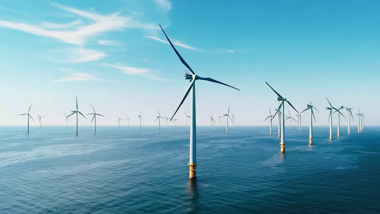 Aerial video captures a serene seascape with rows of wind turbines, showcasing renewable energy
