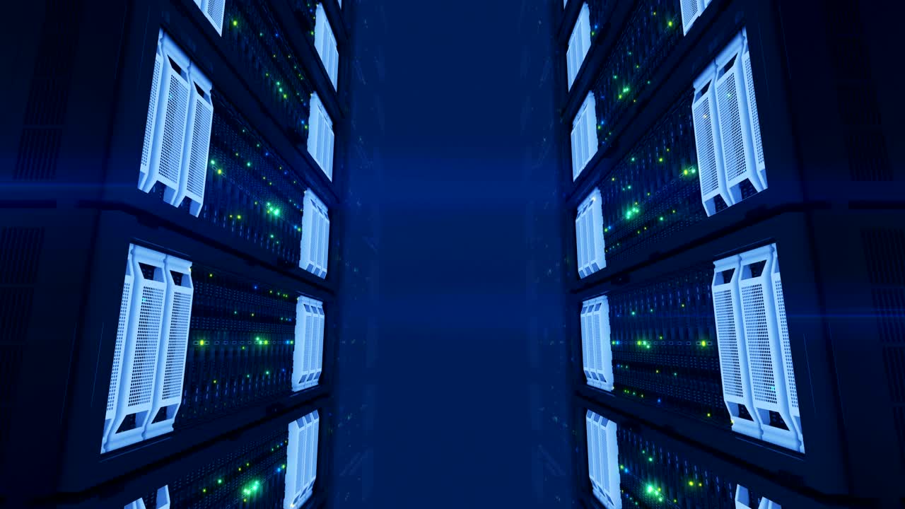 Beautiful Servers in Modern Data Center. Top View Concept. Cloud Computing Data Storage. Heavy 3d Rendering. Looped 3d animation.