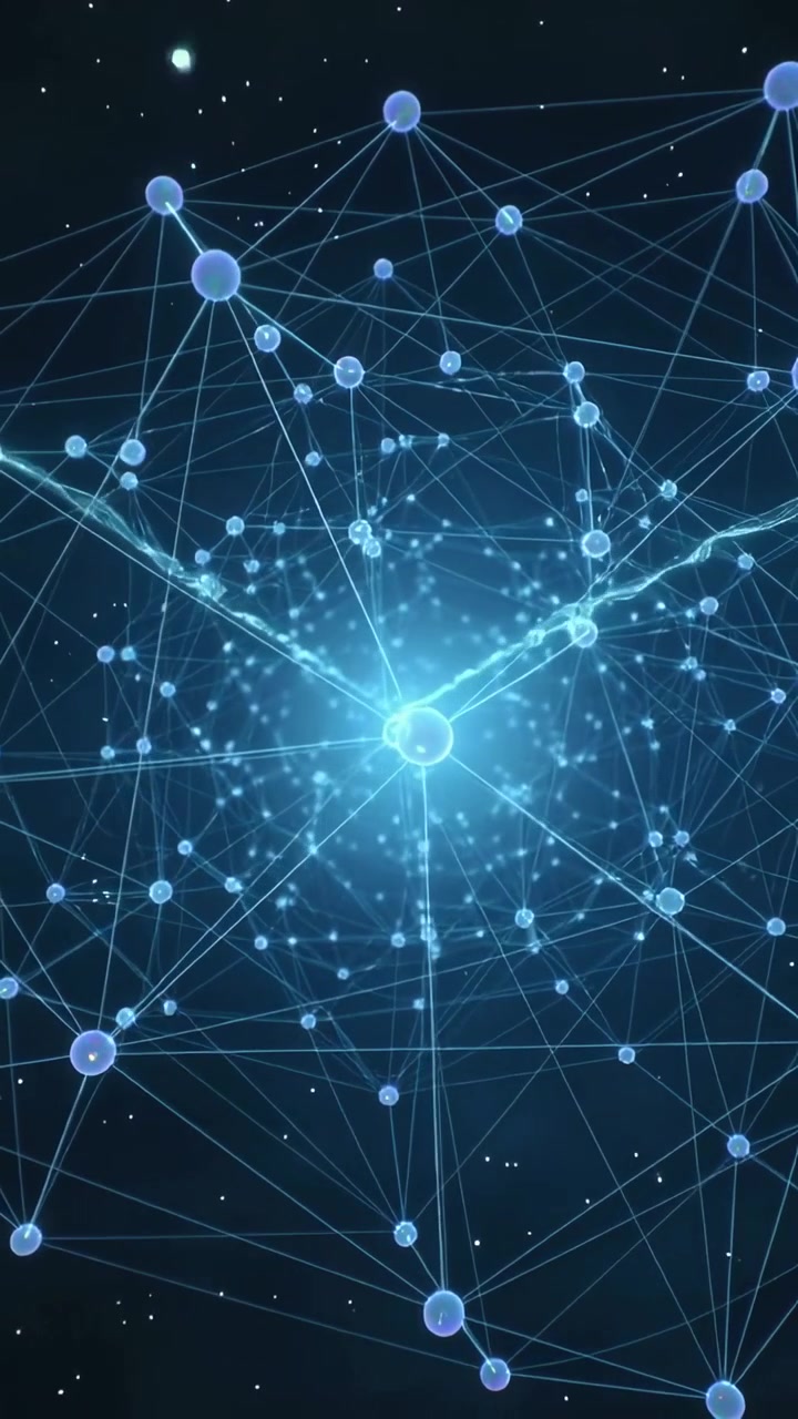 Vertical video: Pulsing core hub sending waves along lines, lighting outer nodes and dust in space