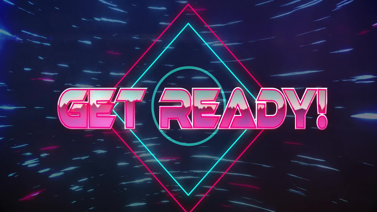 Animation of get ready text over neon pattern background