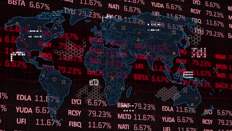 animation of world map over stock market on black background