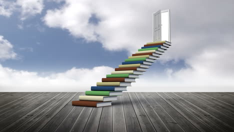 escalera hecha de libros en suelo de madera