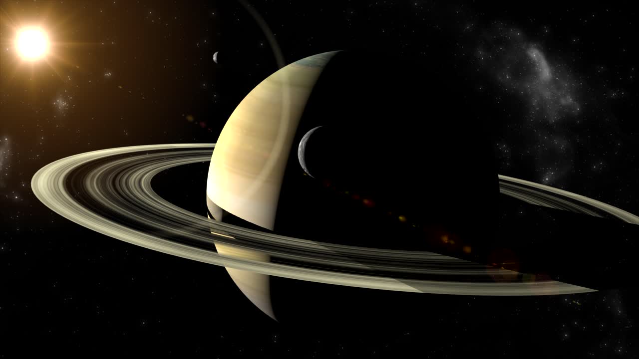 una simulación 3d cgi verdaderamente hermosa del planeta saturno mientras la cámara orbita lentamente para revelar las lunas, mimas y titán del planeta
