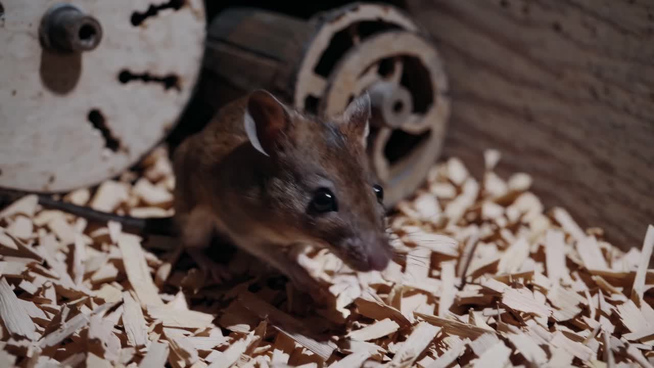 Close-up video of a mouse on wood shavings, shot from a low angle