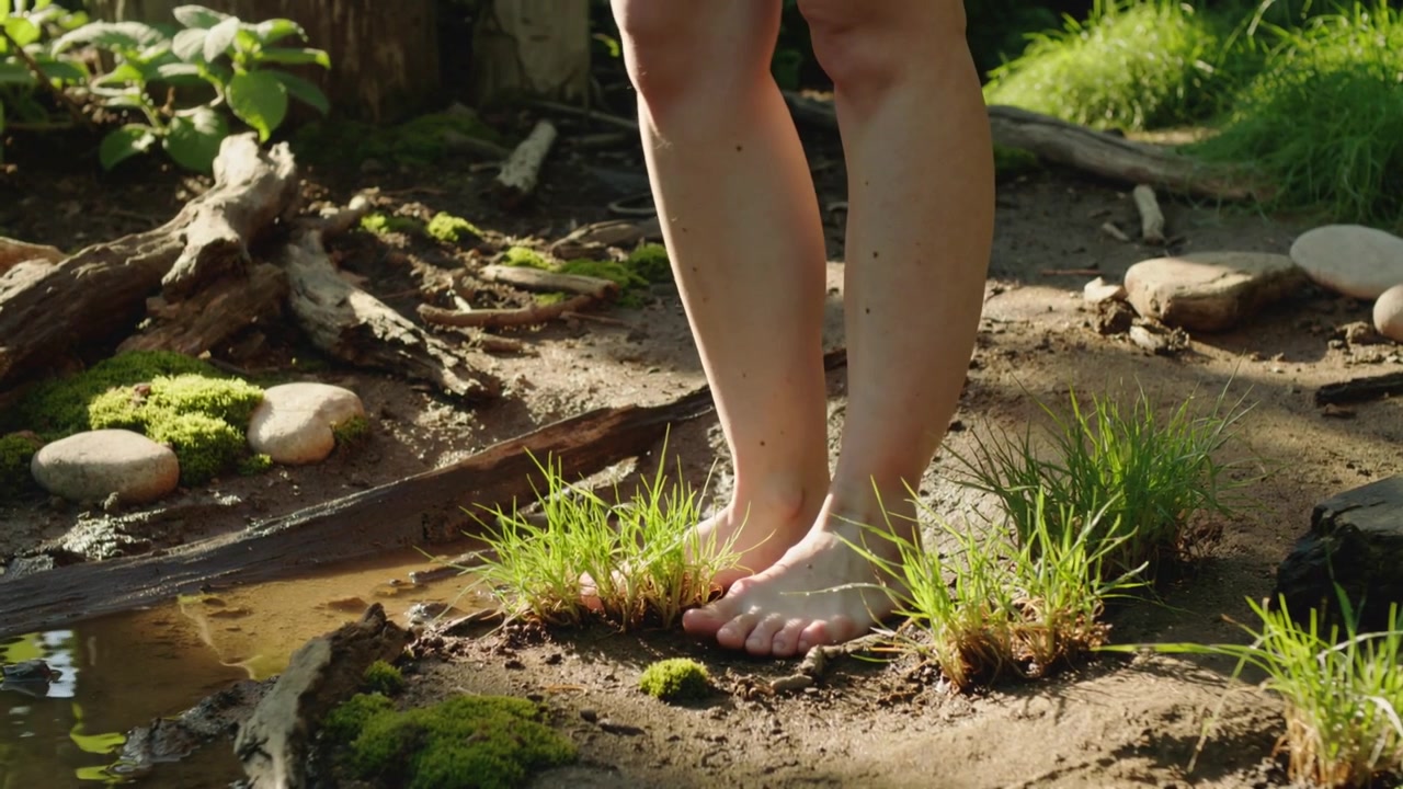 Sensing soft moss, person's bare feet testing footing at forest stream edge with grass tufts