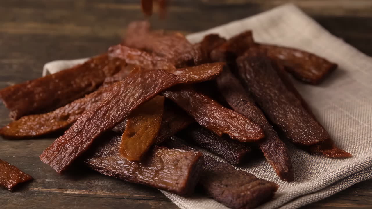 Pile of Meat Jerky on a Wooden Surface